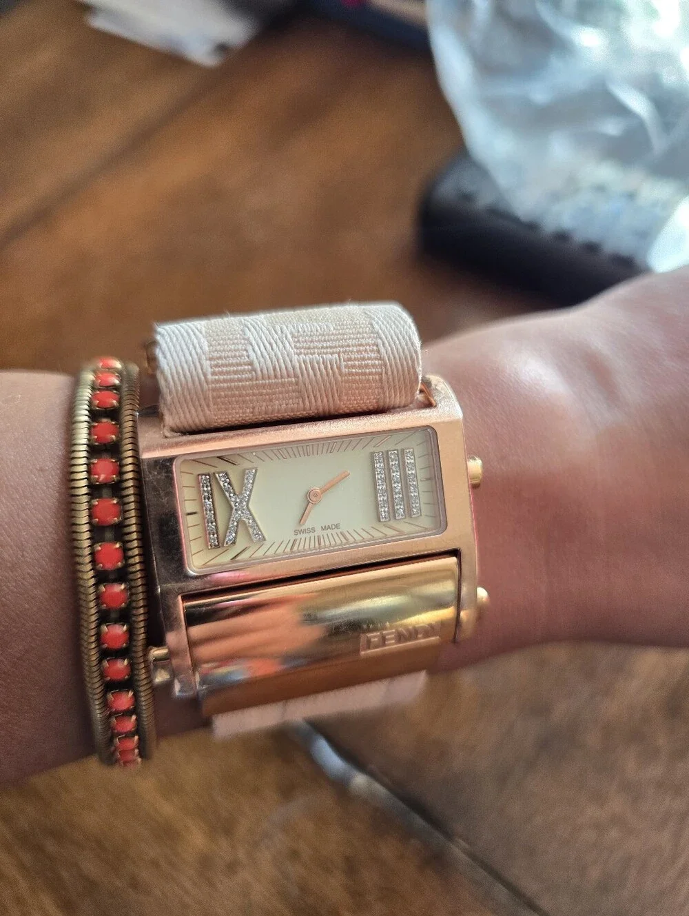 Fendi Rose Gold-Tone Rectangular Dial Watch with Cream Color ZUCCA Fabric Strap